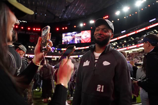 Feb 5, 2024; Las Vegas, NV, USA; Kansas City Chiefs safety Mike Edwards (21) talks to the media during Super Bowl LVIII Opening Night. Mandatory Credit: Lucas Peltier-USA TODAY Sports/File Photo