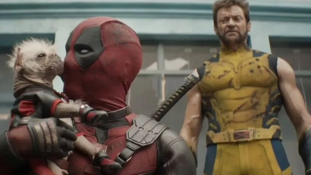 Ryan Reynolds as Deadpool and Hugh Jackman as Wolverine with Dogpool in &#34;Deadpool &amp; Wolverine.&#34;