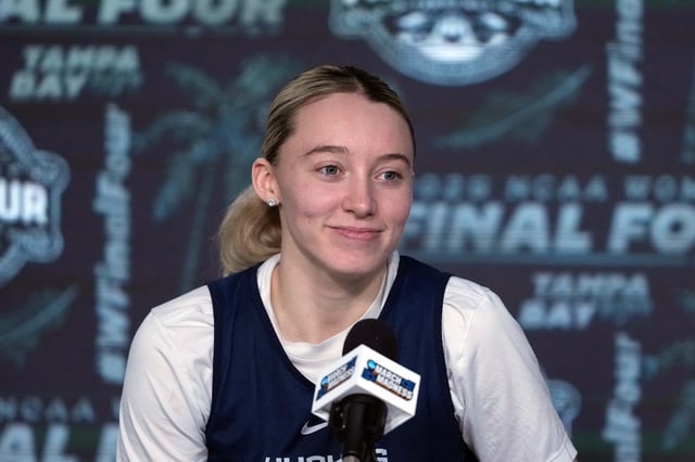 Apr 3, 2025; Tampa, FL, USA; UConn Huskies guard Paige Bueckers during press conference at Amalie Arena. Mandatory Credit: Kirby Lee-Imagn Images