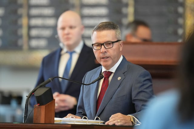 Rep. Brad Buckley, R-Salado, lays out an education bill in the House Chamber just after 1pm on November 17, 2023. 