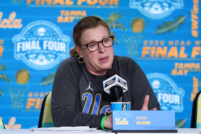 Apr 3, 2025; Tampa, FL, USA; UCLA Bruins head coach Cori Close talks to media before the NCAA Woman’s Final Four at Amalie Arena. Mandatory Credit: Nathan Ray Seebeck-Imagn Images
