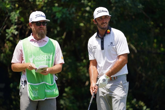 May 1, 2021; Palm Harbor, Florida, USA; Max Homa stands  at the tee box of the 3rd hole with his caddie Joe Greiner (L) during the third round of the Valspar Championship golf tournament. Mandatory Credit: Jasen Vinlove-USA TODAY Sports/File Photo