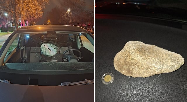 A rock came through the windshield of a Tesla in Vancouver on March 30, striking the pregnant female passenger.
