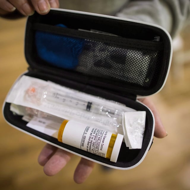 A naloxone kit is displayed in Vancouver, B.C., on Nov. 13, 2017. THE CANADIAN PRESS/Darryl Dyck