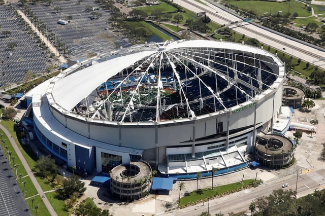 An aerial view shows the damaged Tropicana Field, home of the Tampa Bay Rays, in the aftermath of Hurricane Milton, in St. Petersburg, Florida U.S., October 10, 2024. REUTERS/Marco Bello/Fiel Photo