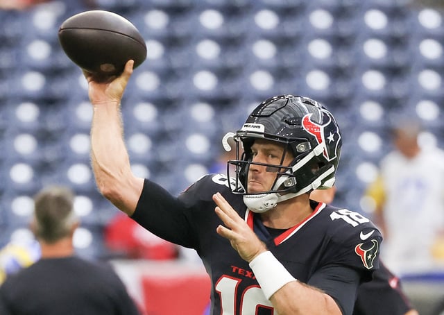 Aug 24, 2024; Houston, Texas, USA;  Houston Texans quarterback Case Keenum (18) warms up before playing  against the Los Angeles Rams at NRG Stadium. Mandatory Credit: Thomas Shea-USA TODAY Sports/File Photo