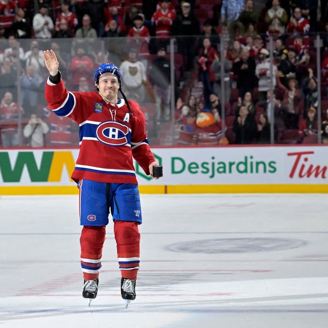 Apr 3, 2025; Montreal, Quebec, CAN; Montreal Canadiens forward Brendan Gallagher (11) celebrates the win against the Boston Bruins at the Bell Centre. Mandatory Credit: Eric Bolte-Imagn Images