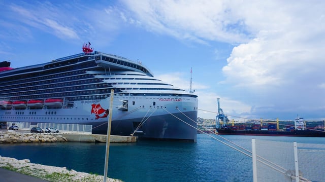 View of the Virgin Voyages cruise ship Valiant Lady calling at the port of Marseille.