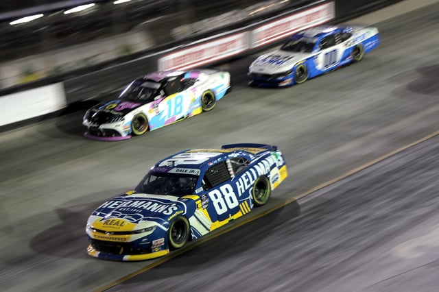 Dale Earnhardt Jr., driver of the #88 Hellmann&#39;s Chevrolet, Sheldon Creed, driver of the #18 Friends of Jaclyn Foundation Toyota, and Cole Custer, driver of the #00 HighPoint.com Ford, race during the NASCAR Xfinity Series Food City 300 at Bristol Motor Speedway on September 20, 2024 in Bristol, Tennessee.