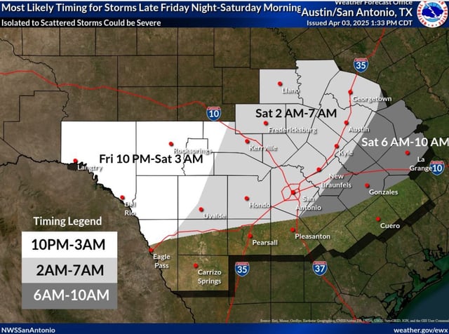 This map of South-Central Texas from the National Weather Service shows the timing of when storm chances will be at their greatest from late Friday into early Saturday.