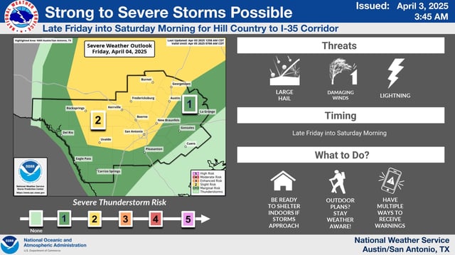San Antonio and the Hill Country will be under a level 2 of 5 risk of severe weather by Friday night. Under that level, scattered severe thunderstorms are possible but they should be short-lived and not widespread.