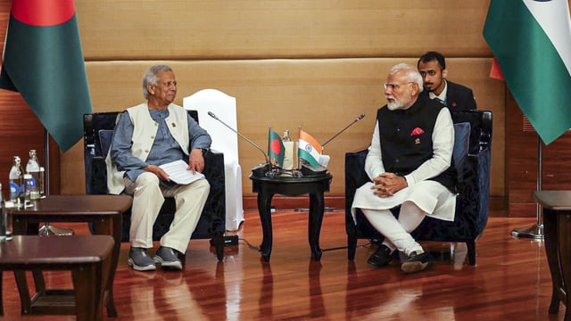 Prime Minister Narendra Modi during a meeting with the Chief Adviser of Bangladesh Muhammad Yunus on the sidelines of the 6th BIMSTEC Summit, in Bangkok, Thailand. 
