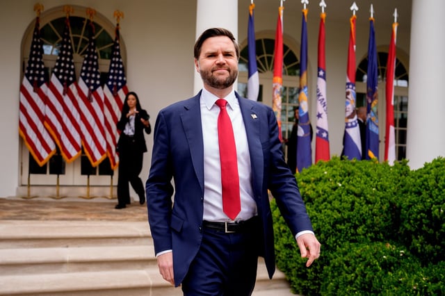 WASHINGTON, DC - APRIL 02: U.S. Vice President J.D. Vance arrives for a "Make America Wealthy Again" trade announcement event in the Rose Garden at the White House on April 2, 2025 in Washington, DC. Touting the event as "Liberation Day", Trump announced sweeping new tariffs targeting goods imported to the U.S. on countries including China, Japan and India. (Photo by Andrew Harnik/Getty Images)