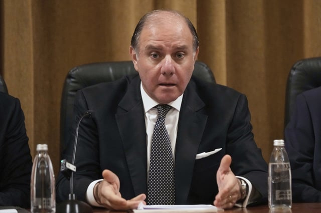 Karim Souaid, the newly appointed Lebanon's Central Bank governor, speaks during a taking office ceremony at the Lebanese Central Bank building, in Beirut, Lebanon, Friday, April 4, 2025. (AP Photo/Hussein Malla)