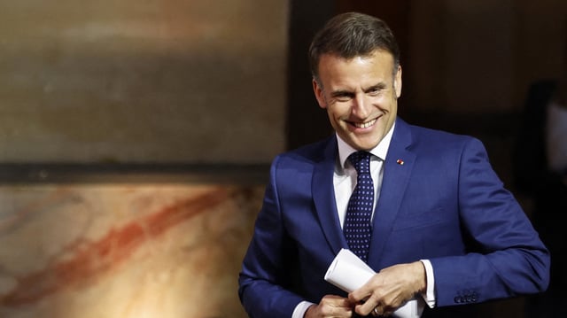 France&#39;s President Emmanuel Macron attends the inauguration of the French-Danish Economic Forum at the Palais Brongniart in Paris, France, on April 1, 2025.