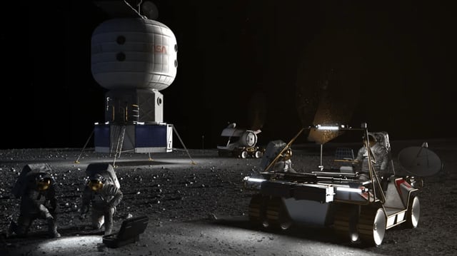 An illustration of a potential NASA lunar base for the Artemis missions.