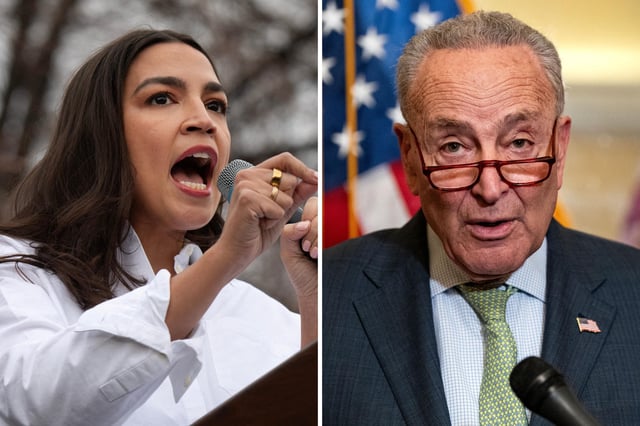 Representative Alexandria Ocasio-Cortez speaks in Denver, Colorado on march 21, 2025.. Senator Chuck Schumer speaks to reporters during a press conference in Washington, D.C. on May 22, 2024.