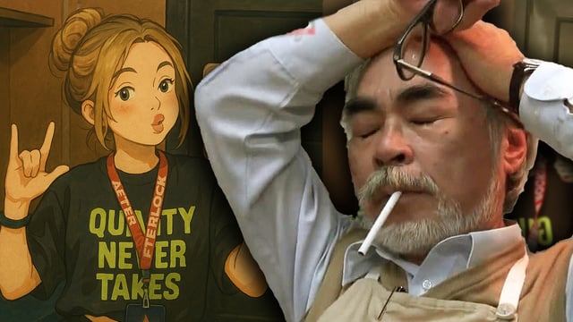 A photo of an AI-Generated image in the style of Studio Ghibli alongside a photo of Miyazaki looking stressed.
