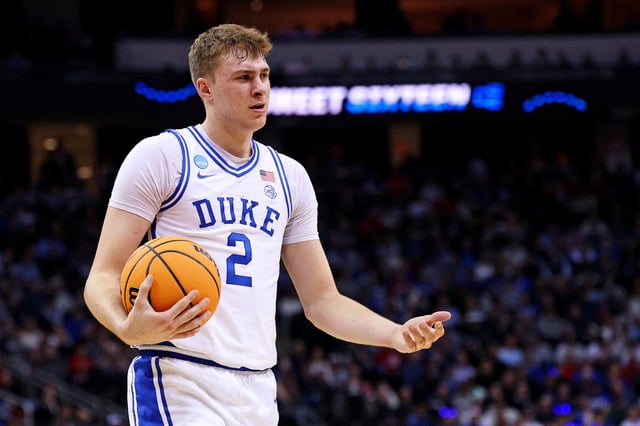 Mar 27, 2025; Newark, NJ, USA; Duke Blue Devils forward Cooper Flagg (2) reacts after a play during the first half against the Arizona Wildcats during an East Regional semifinal of the 2025 NCAA tournament at Prudential Center. Mandatory Credit: Vincent Carchietta-Imagn Images/File Photo