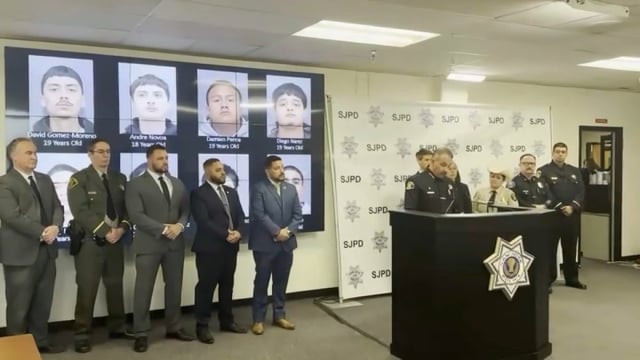 San Jose police Chief Paul Joseph, flanked by leaders from multiple other jurisdictions, announces the arrests of eight alleged gang numbers suspected in the slaying of a San Jose man in January. (April 4, 2025)