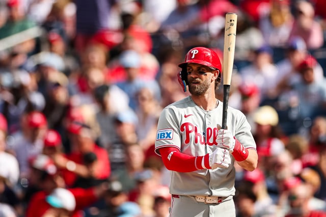 Bryce Harper #3 of the Philadelphia Phillies at bat against the Washington Nationals during the eighth inning at Nationals Park on March 30, 2025 in Washington, DC.