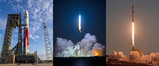 ULA's Vulcan, Blue Origin's New Glenn, and SpaceX's Falcon 9 rockets. Credit: ULA, Blue Origin, SpaceX