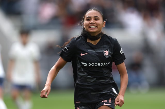 Angel City FC forward Alyssa Thompson celebrates after scoring a goal against the Seattle Reign FC during the first half Sunday, March 30, 2025, at BMO Stadium.  (Photo by Raul Romero Jr., Contributing Photographer)