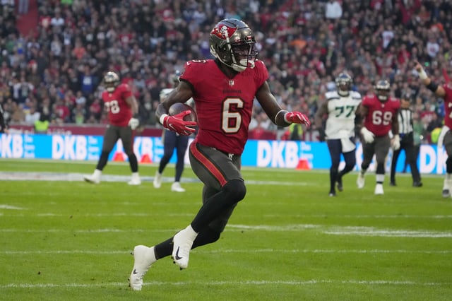 Nov 13, 2022; Munich, Germany; Tampa Bay Buccaneers wide receiver Julio Jones (6) scores a touchdown in the second quarter against the Seattle Seahawks during an NFL International Series game at Allianz Arena. Mandatory Credit: Kirby Lee-USA TODAY Sports/File Photo