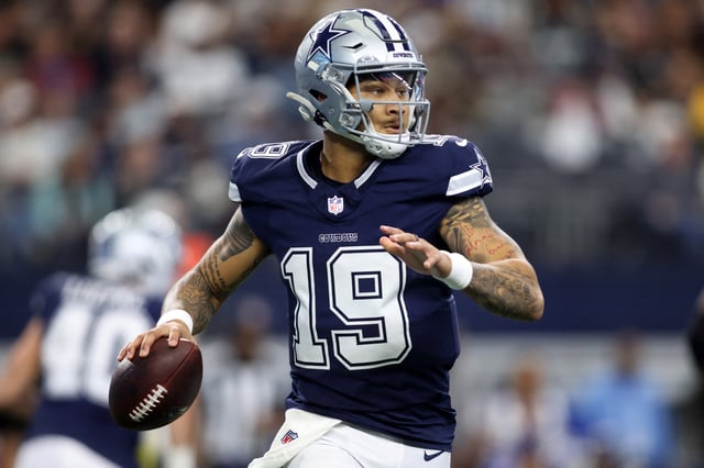 Jan 5, 2025; Arlington, Texas, USA; Dallas Cowboys quarterback Trey Lance (19) throws a pass against the Washington Commanders during the first quarter at AT&T Stadium. Mandatory Credit: Tim Heitman-Imagn Images/File Photo