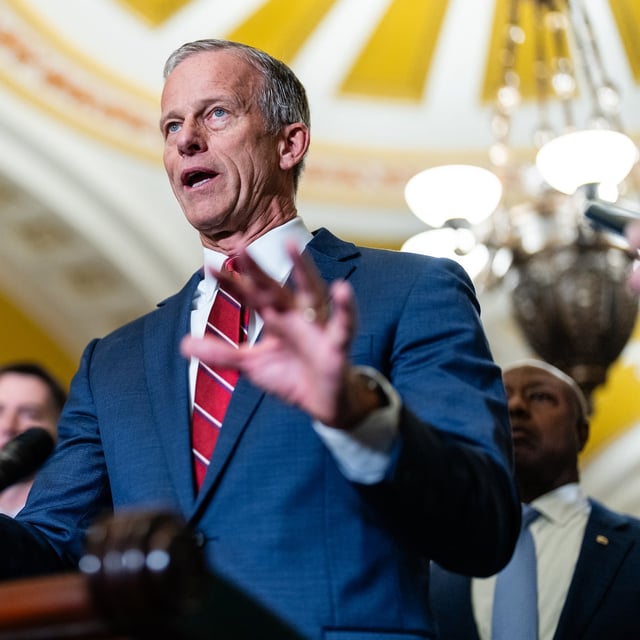 Senate Majority Leader John Thune (R-S.D.) speaks during a weekly Republican post-luncheon press conference at Capitol in Washington, on Tuesday, April 1, 2025. Some Republicans are uneasy that their party is pursuing a tactic that could weaken the filibuster and backfire in the future. (Eric Lee/The New York Times)