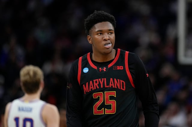 Maryland center Derik Queen (25) reacts during the second half in the Sweet 16 of the NCAA college basketball tournament game against Florida, Thursday, March 27, 2025, in San Francisco. (AP Photo/Godofredo A. Vásquez)