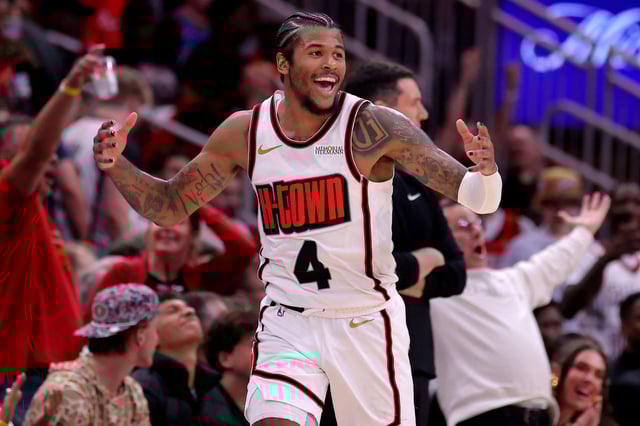 Apr 4, 2025; Houston, Texas, USA; Houston Rockets guard Jalen Green (4) reacts after a made basket against the Oklahoma City Thunder during the fourth quarter at Toyota Center. Mandatory Credit: Erik Williams-Imagn Images