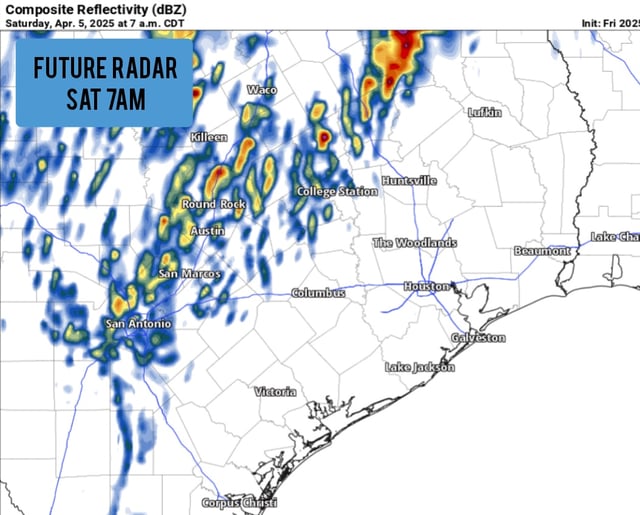 The future weather radar model for 7 a.m. Saturday morning shows scattered showers and storms moving though Central and South Texas.
