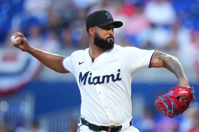 MIAMI, FLORIDA - APRIL 01: Sandy Alcantara #22 of the Miami Marlins throws a pitch against the New York Mets during the first inning at loanDepot park on April 01, 2025 in Miami, Florida.