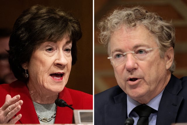 US Senator Susan Collins speaking during a US Senate Committee on Health, Education, Labor, and Pensions hearing on March 5, 2025 (left) and Senator Rand Paul questioning Lori Chavez-DeRemer, President Donald Trump’s pick to lead the Labor Department, during her confirmation hearing in the Dirksen Senate Office Building on Capitol Hill on February 19, 2025 in Washington, DC (right).