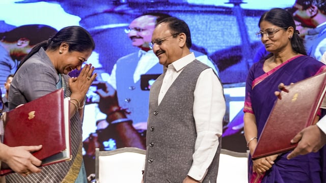 Union health minister JP Nadda, Union minister of state for health Anupriya Patel and Delhi chief minister Rekha Gupta with others during the MoU signing ceremony between National Health Authority and Government of Delhi for the rollout of Ayushman Bharat Pradhan Mantri Jan Arogya Yojana (AB PM-JAY) in New Delhi on Saturday, 