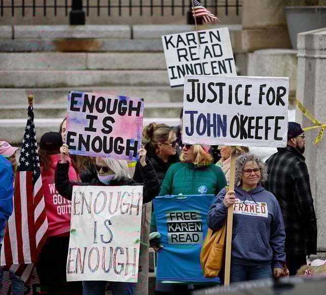 Supporters of accused murderer Karen Read stand outside court as Read and her attorneys appear inside Norfolk Superior Court in Dedham, Massachusetts, on Tuesday, Feb. 25, 2025.