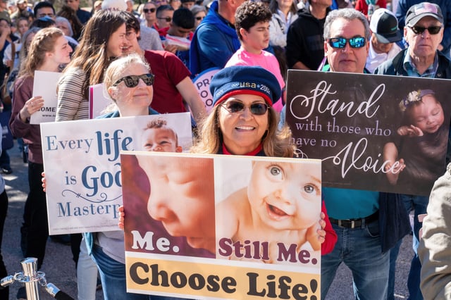 Pro-life supporters take part in a &#34;Rally for Life&#34; march and celebration outside the Texas State Capitol on January 27, 2024, in Austin, Texas.