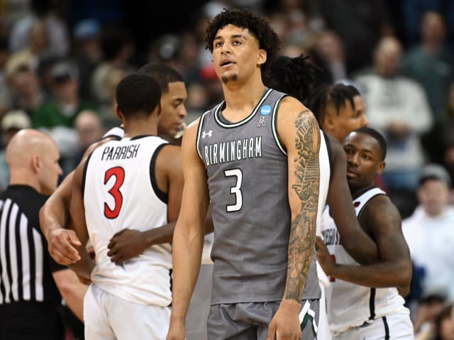 Mar 22, 2024; Spokane, WA, USA; UAB Blazers forward Yaxel Lendeborg (3) walks off of the court after a game against the San Diego State Aztecs in the first round of the 2024 NCAA Tournament at Spokane Veterans Memorial Arena. Mandatory Credit: James Snook-USA TODAY Sports/File Photo