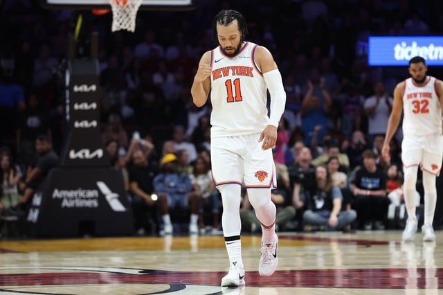 Jalen Brunson #11 of the New York Knicks celebrates against the Miami Heat during the fourth quarter of the game at Kaseya Center on March 02, 2025 in Miami, Florida.