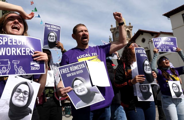 A little over 50 protesters with the Service Employees International Union (SEIU), Coalition for Human Immigrant Rights of Los Angeles and community members rally to denounce the Trump administration's recent attacks on free speech and immigrant rights including the arrest of Rümeysa Öztürk, at Placita Olverain in downtown Los Angeles, on April 1, 2025.