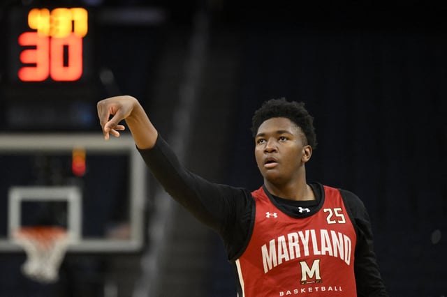 Mar 26, 2025; San Francisco, CA, USA; Maryland Terrapins center Derik Queen (25) shoots the basketball during NCAA Tournament West Regional Practice at Chase Center. Eakin Howard-Imagn Images/File Photo