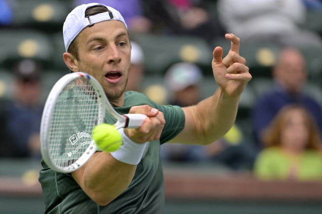 Mar 13, 2025; Indian Wells, CA, USA; Tallon Griekspoor hits a shot against Holger Rune (not pictured) during his quarterfinal match at the BNP Paribas Open at the Indian Well Tennis Garden. Jayne Kamin-Oncea-Imagn Images/File Photo