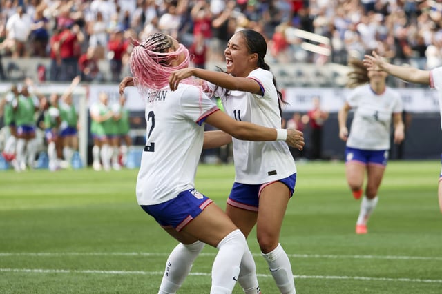 Apr 5, 2025; Inglewood, California, USA; United States of America forward Trinity Rodman (2) celebrates her goal with forward Alyssa Thompson (11) against Brazil at SoFi Stadium. Bailey Holiver-Imagn Images