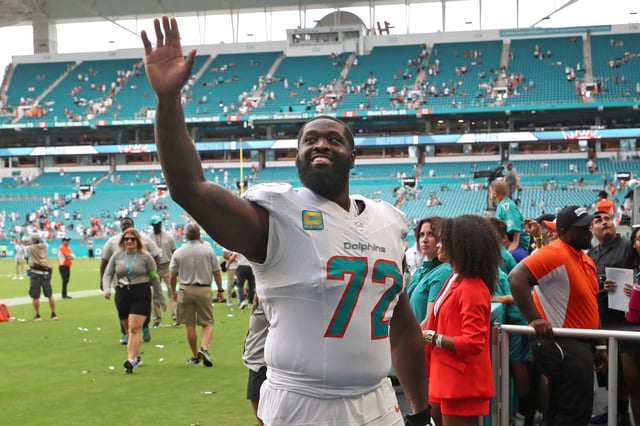 Miami Dolphins left tackle Terron Armstead walks off the field after beating the Denver Broncos at Hard Rock Stadium on Sunday, Sep. 24, 2023 in Miami Gardens. (John McCall/South Florida Sun Sentinel)