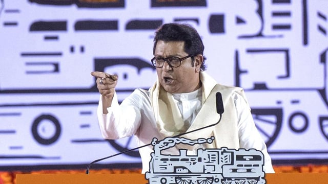 Raj Thackeray during a public meeting at Shivaji Park on the occasion of Gudi Padwa in Mumbai, India, on Sunday, March 30, 2025.