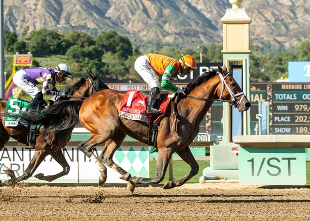 In this image provided by Benoit Photo, Journalism (1), with Umberto Rispoli aboard, wins the Grade I $500,000 Santa Anita Derby horse race Saturday, April 5, 2025, at Santa Anita Park in Arcadia, Calif. (Benoit Photo via AP)