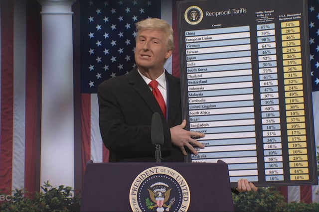 The cold open from "Saturday Night Live" on Saturday, April 5, 2025, parodied President Donald Trump's recent tariff announcement.