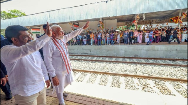 Prime Minister Narendra Modi and Sri Lankan President Anura Kumara Disanayaka after flagging-off a train at Anuradhapura Railway Station, in Sri Lanka on Sunday (DPR PMO)