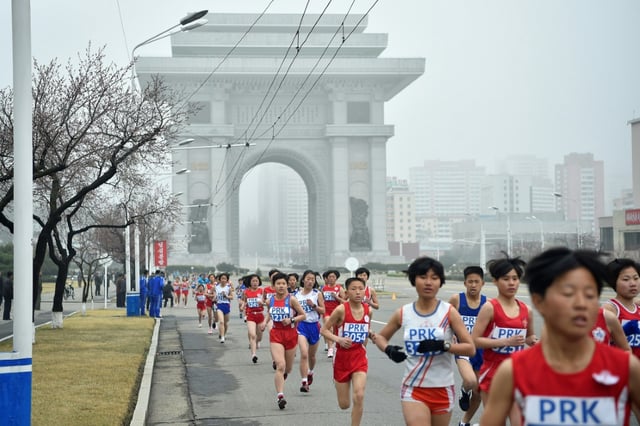 Participants take part in the 31st Pyongyang International Marathon in Pyongyang on April 6, 2025, as part of celebrations marking the birth of North Korea's founding leader Kim Il Sung in 1912. The last edition of the Pyongyang Marathon was held in 2019 before the pandemic, during which the nuclear-armed state sealed its borders in an effort to contain the virus.